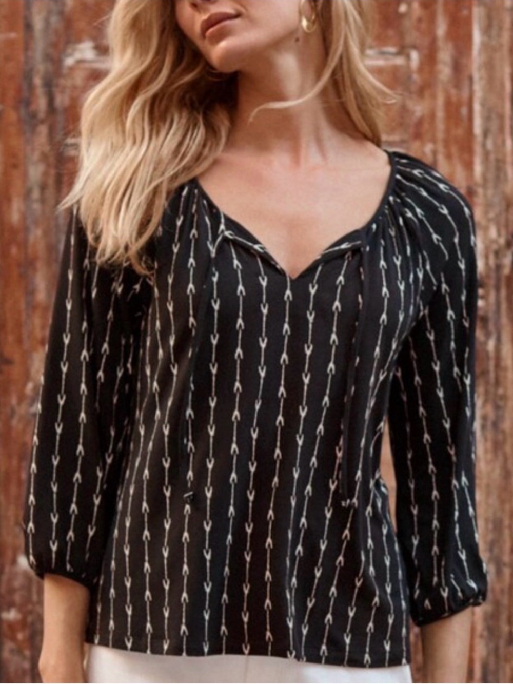 Garnet Hill Noa Tie Neck Black Patterned Peasant Top